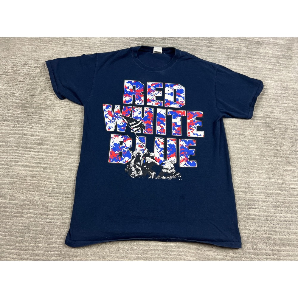 Fruit of the Loom T-Shirt Mens M Navy Blue Red White Blue Iwo Jima Camo Graphic